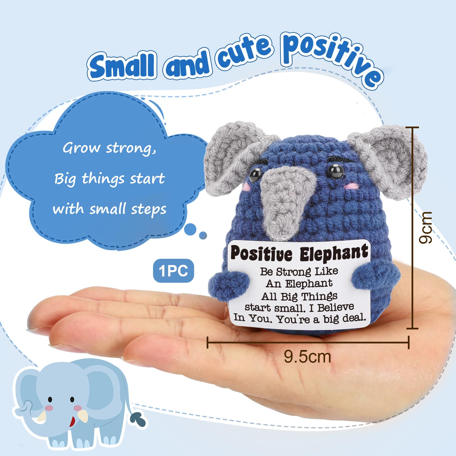 Calkkrer Pocket Hug Positive Elephant Crochet Cuddly Toys, Lucky Charm with Positive Card - Image 2