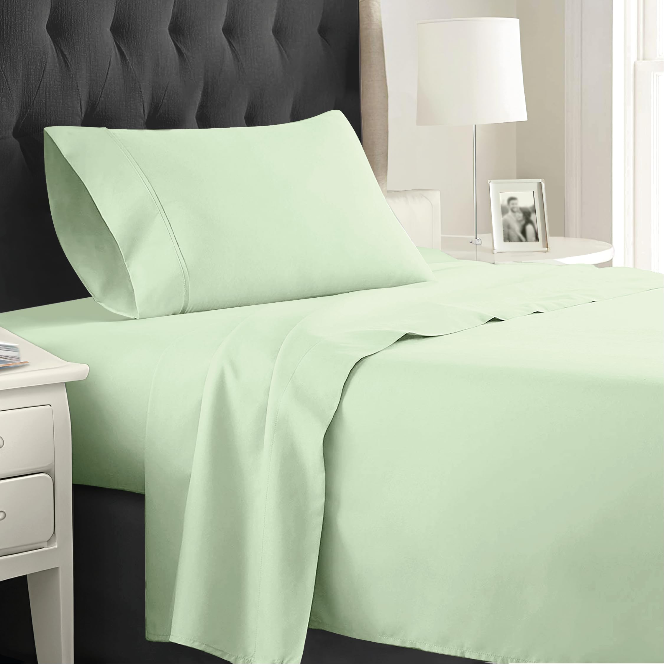 Twin Size 3 Piece Sheet Set 100% Cotton with 16 Inch Deep Pockets Easy Fit Sateen Weave Luxury Sheets & Pillowcases Extra Soft Breathable & Wrinkle Free 144TC [Limelight/Light Green]