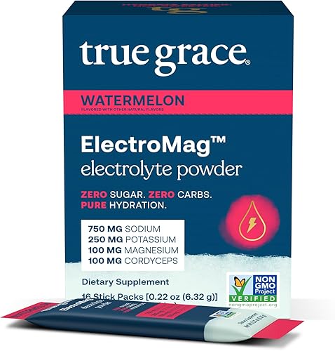 True Grace ElectroMag - 16 paquetes de barras - Sandía - Polvo de electrolitos para una hidratación rápida - sodio, potasio, magnesio y cordyceps -
