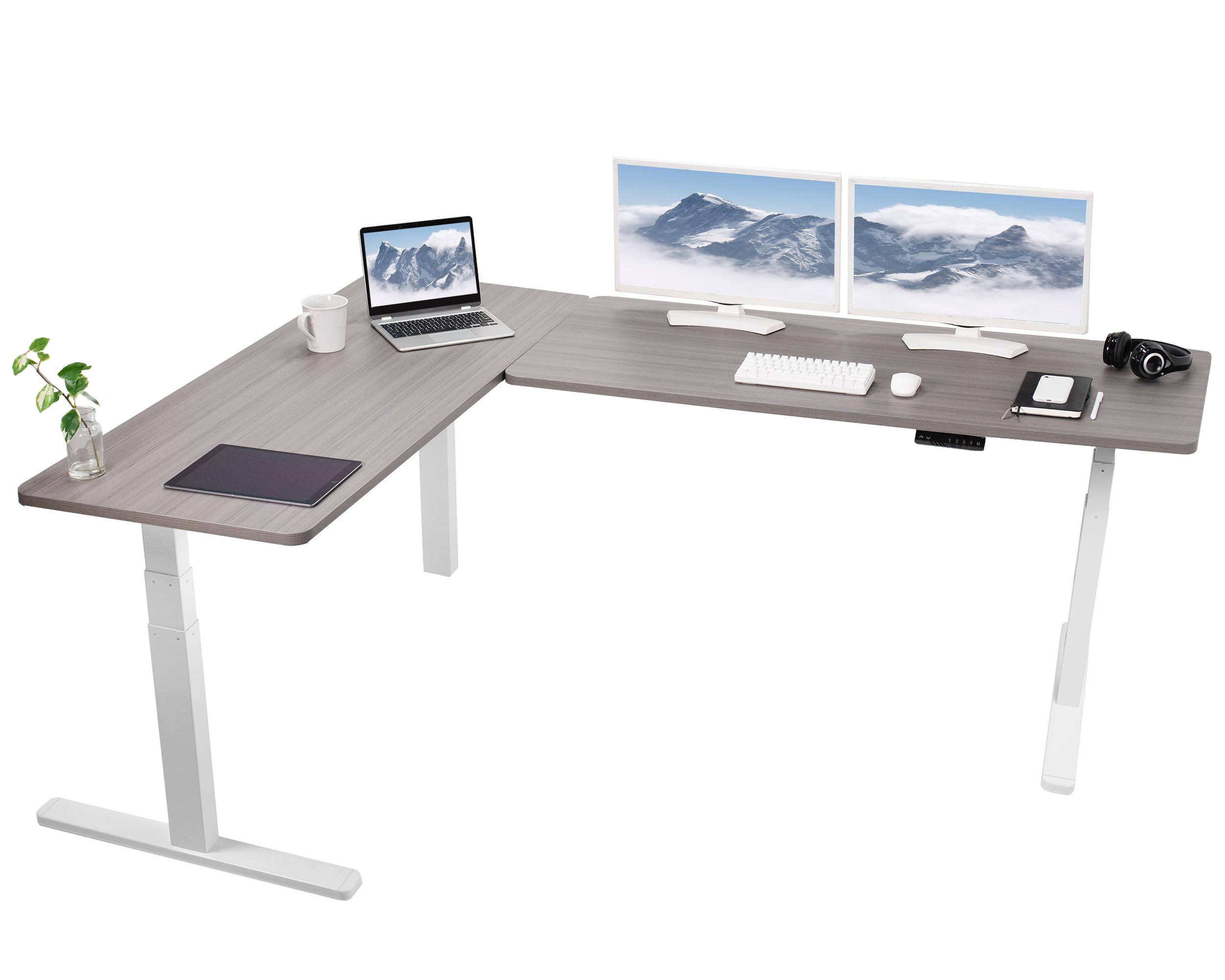 VIVO Electric Height Adjustable 83 x 60 inch Corner Stand Up Desk, 2 Dark Gray Solid Table Tops, White Frame, Memory Controller, L-Shaped Workstation,