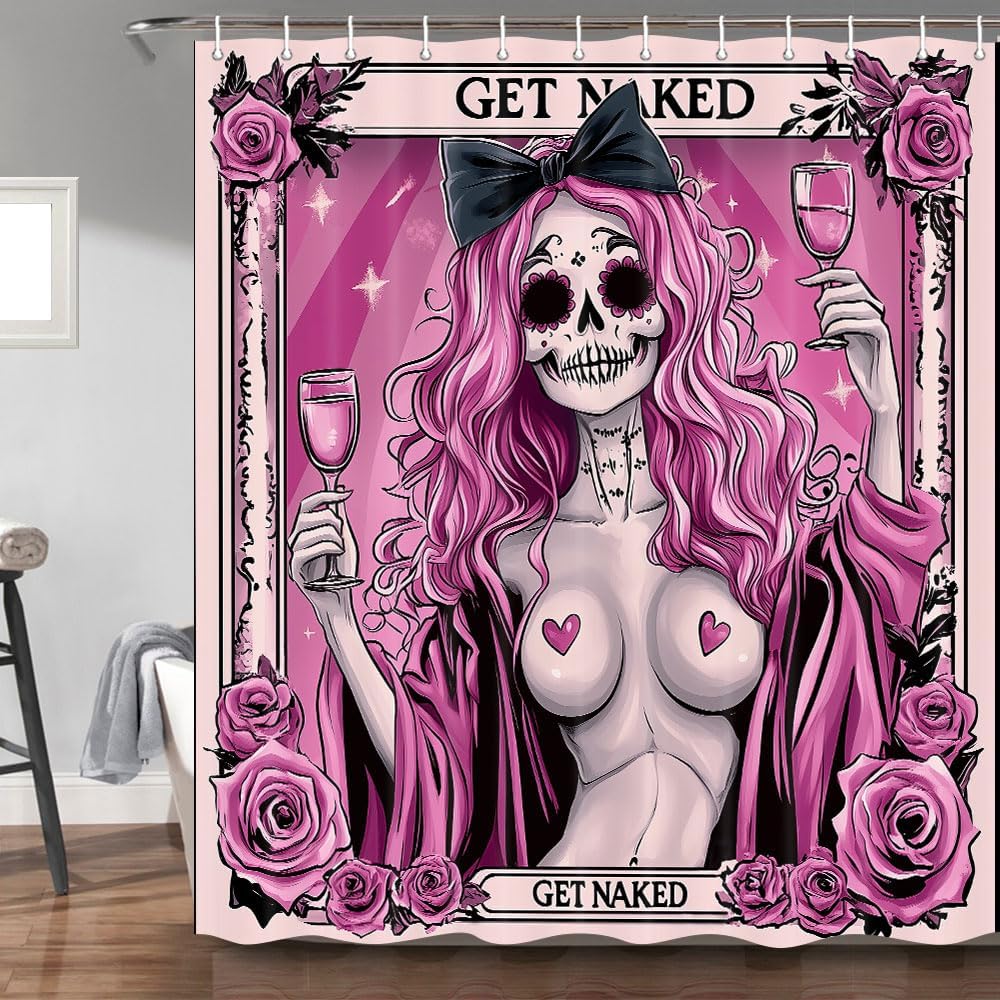 Skull Skeleton Shower Curtain Funny Pink Halloween Gothic Red Rose Floral Red Wine Girl Horror Scary Bathroom Shower Curtain with Polyester Hooks 71X84 Inch