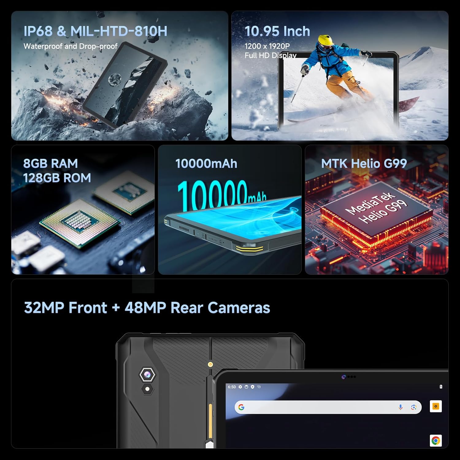 Rugged Tablet T1 Max, 10.95 inch Android 14 Tablets, 10000mAh 8GB+128GB (512GB TF) Outdoor Industrial PC, 48MP+32MP Octa-Core IP68 Waterproof Computer for Outdoor UTV Moto Drone Field Work