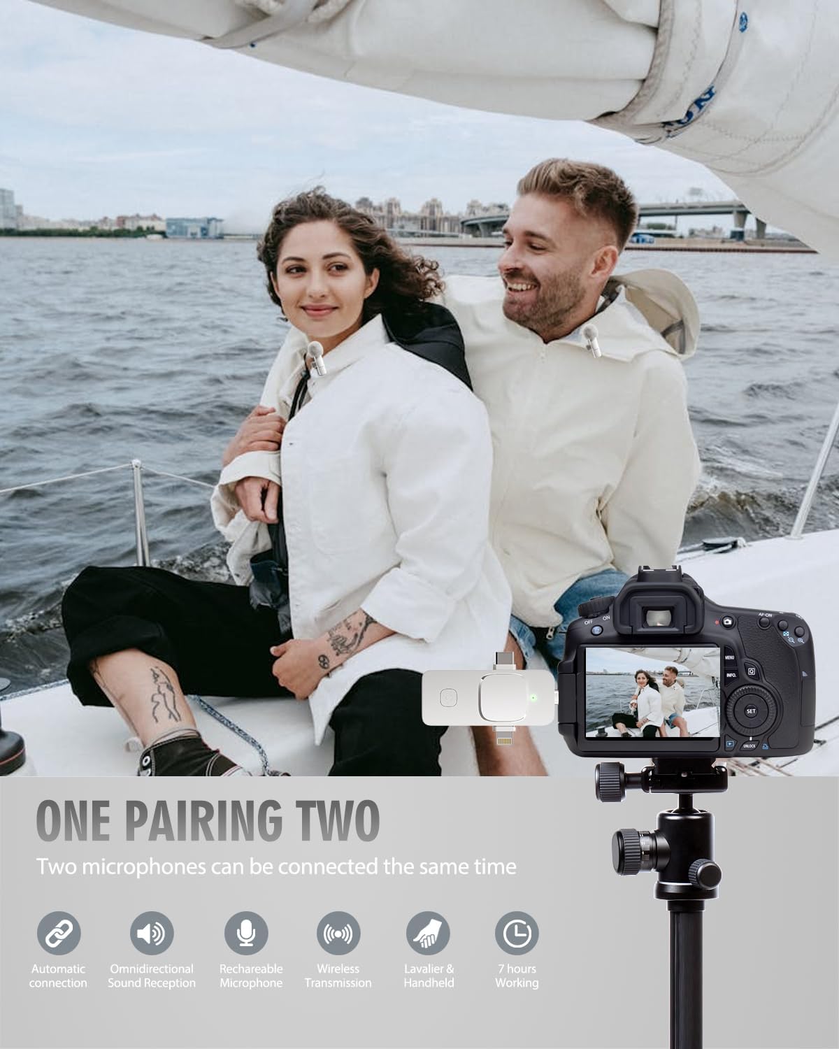 PQRQP 3 in 1 Wireless Lavalier Microphones for iPhone, iPad, Android, Camera, USB-C Microphone, 7-Hour Battery, Mini Microphone-Crystal Clear Sound Quality for Recording, YouTube, TikTok (White)