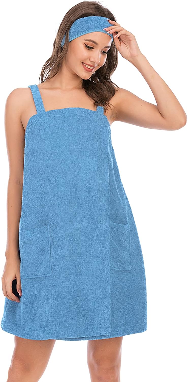 ANUFER Womens Adjustable Bath Towel Wraps with Headband for Gym Shower Spa & Beach Cover Ups Blue M