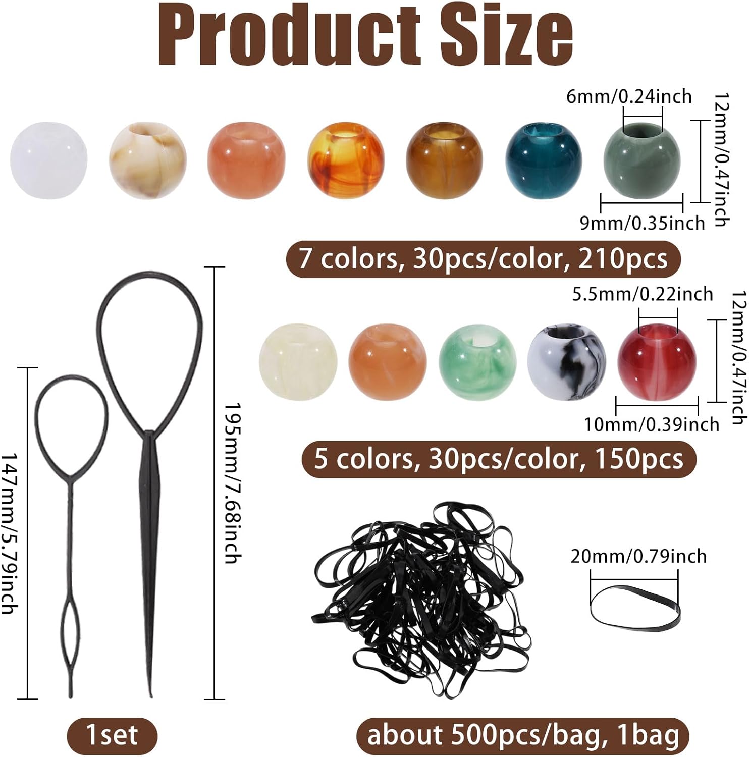 360 Pcs 12 Style African Hair Beads Large Hole Hair Beads 6mm Hole Loc Dreadlock Accessories for Braids Jewelry Making Phone Lanyard Wrist Strap DIY Craft