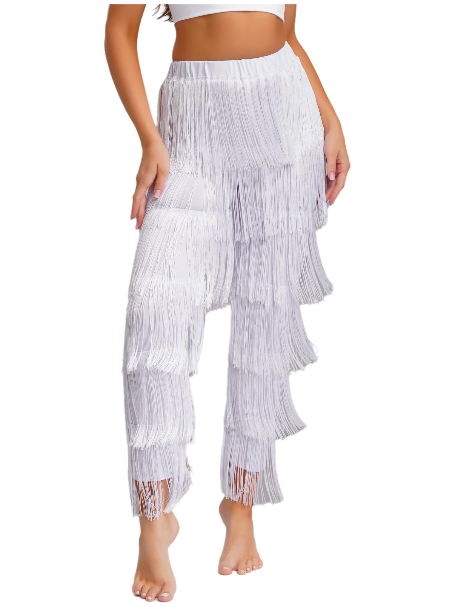 Pantalones Largos Moda con Flecos y Cintura Elástica para Mujer, Pantalones de Baile Latino Rumba Samba y Cha-Cha