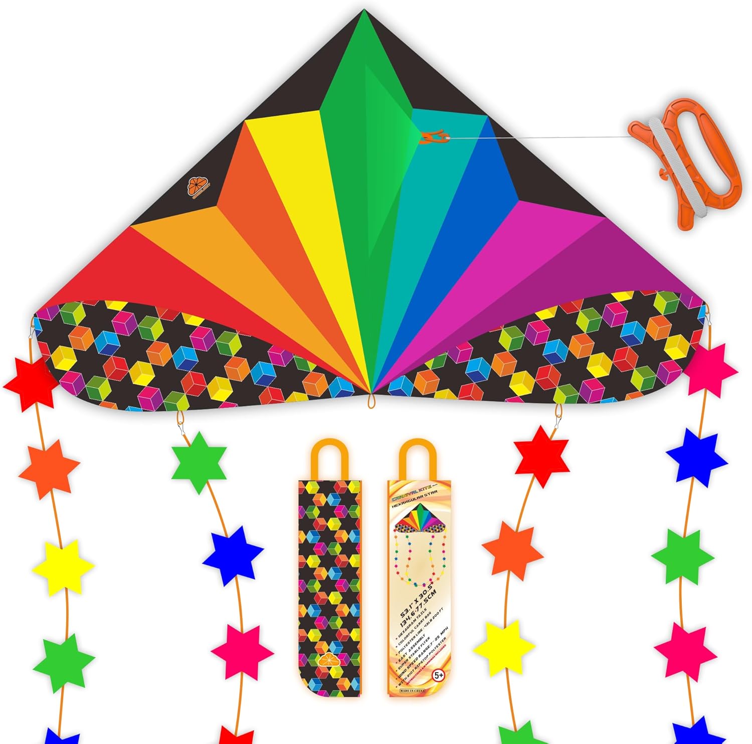 ORGCLDKT-Carnival Rainbow Delta Kite, Kites for Adults,Kids Ages 8-12,4-8,Boys Girls,Beach,Beginners. Easy to Fly. Theme Colour Printing Carry Bag, Star Tails, Oval Tails.
