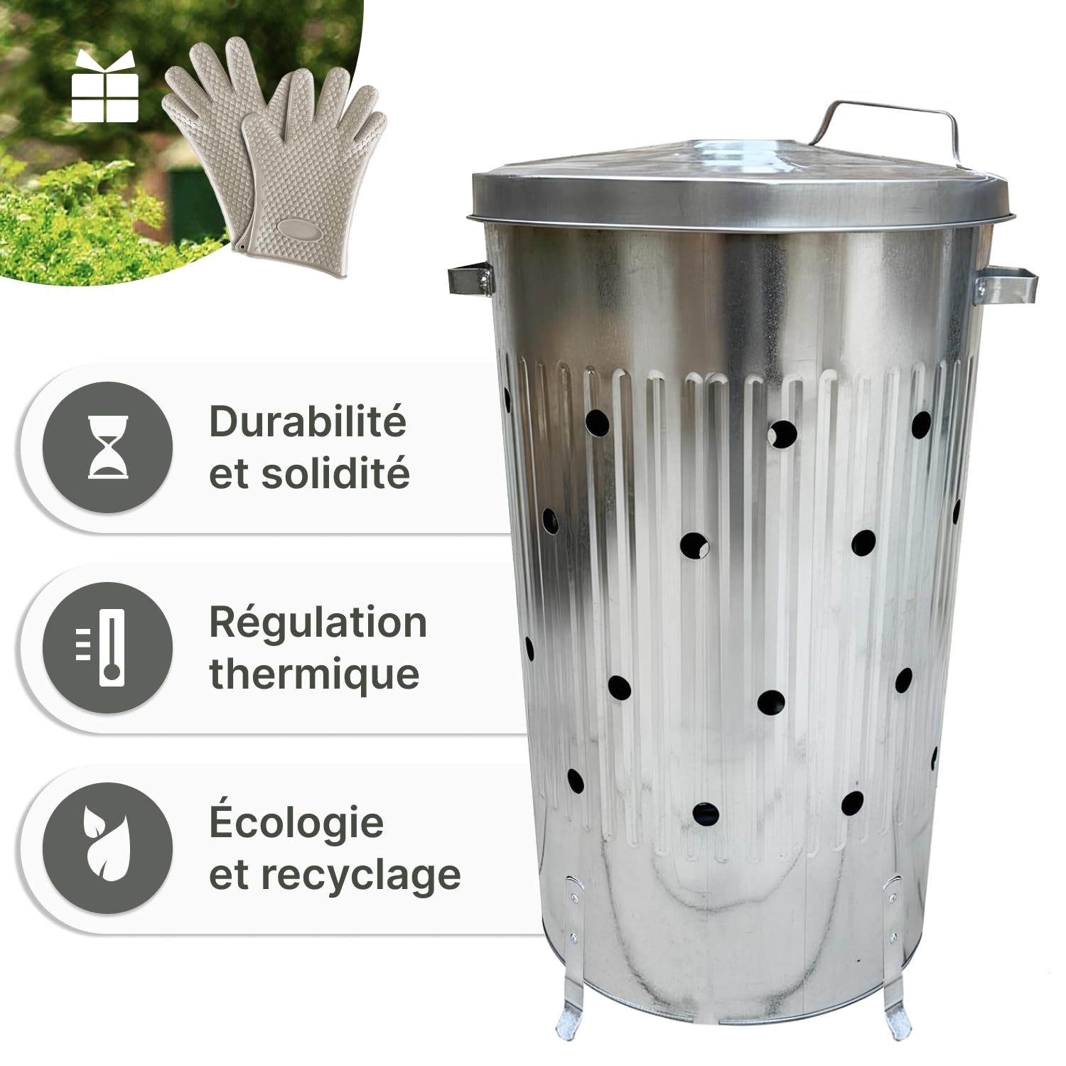 Composteur De Jardin en Métal 100L Réels - Poubelle Exterieure – Poubelle De Jardin – Compost - Acier Galvanisé - Gants Inclus