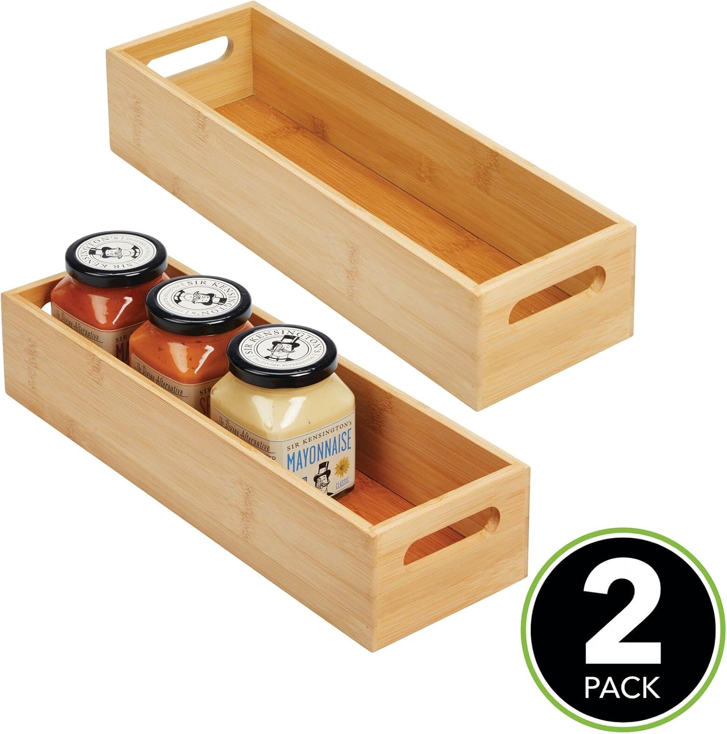 mDesign Set of 2 Kitchen Storage Box – Open-Top Bamboo Storage Tray with Handles – Ideal for Use as a Cupboard Organiser or on The Shelf – Natural