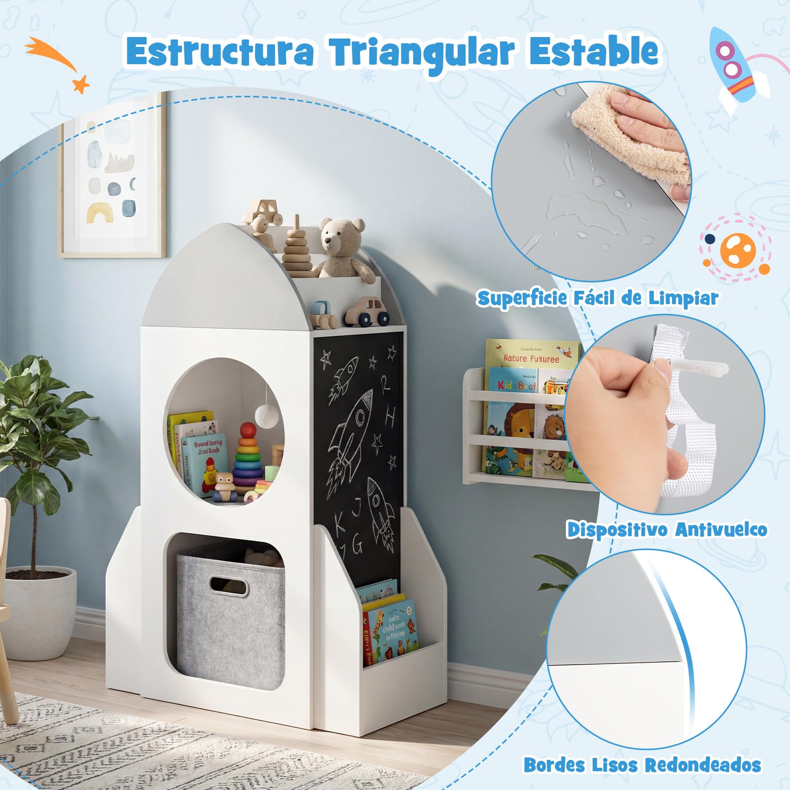 COSTWAY Estantería Infantil de 3 Niveles, Organizador de Juguetes para Niños con Tema Espacial y Pizarra, 2 Compartimentos y Estante Abierto, Estantería de Madera para Aula, Sala de Juego, Guardería