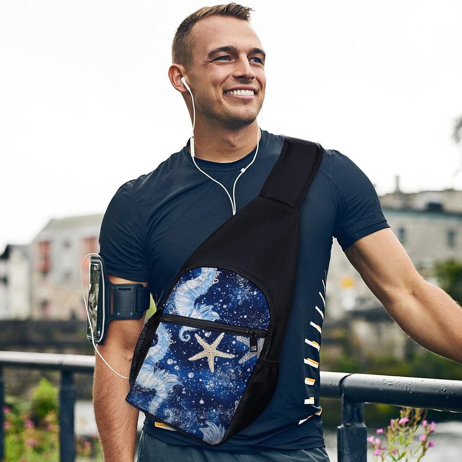 Seahorses And Starfish Crossbody Sling Backpack Chest Bag Daypack | unisex,trendy,with convertible and detachable shoulder strap,side pockets
