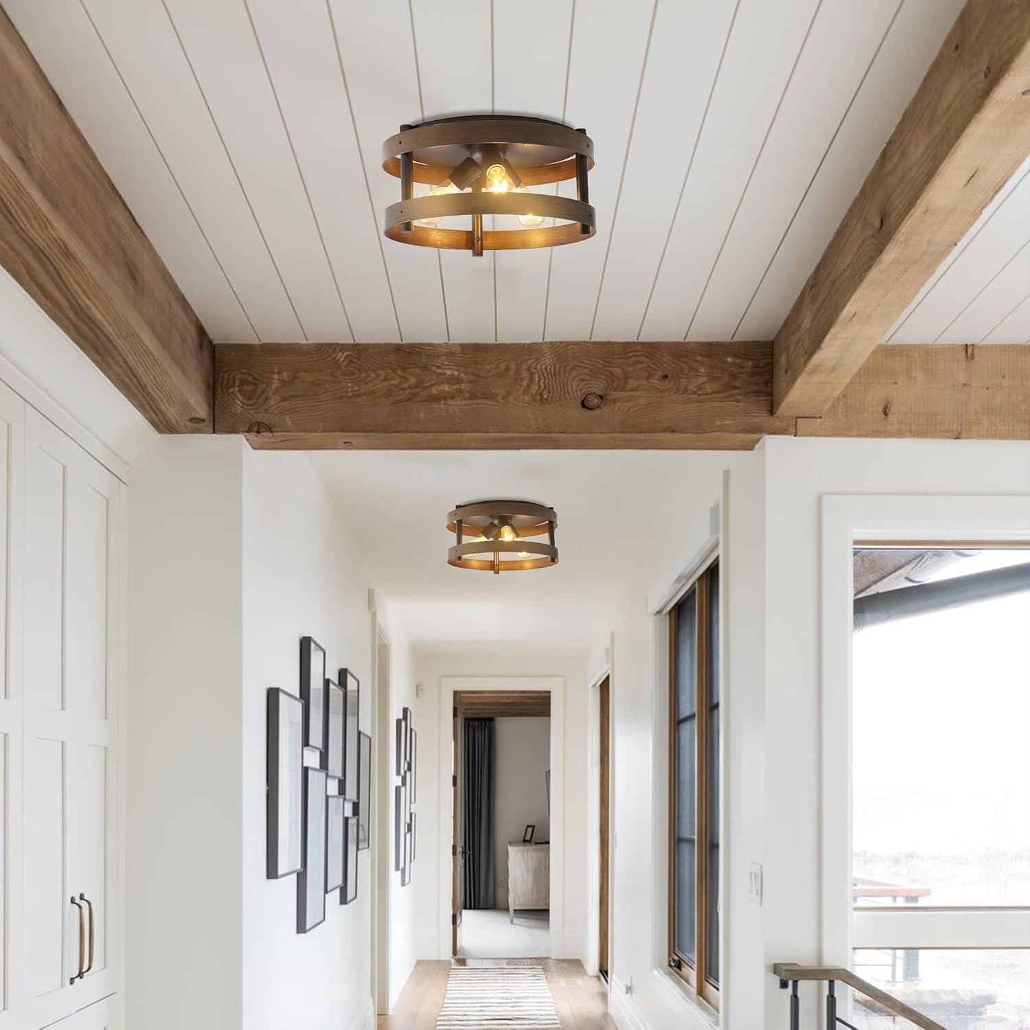 JONATHAN Y 16" Dark Brown Wood and Oil Rubbed Bronze 3-Light Iron Flush Mount, Farmhouse Industrial Round Ceiling Light for Kitchen Bedroom Hallway, LED Bulbs Included JYL1305A