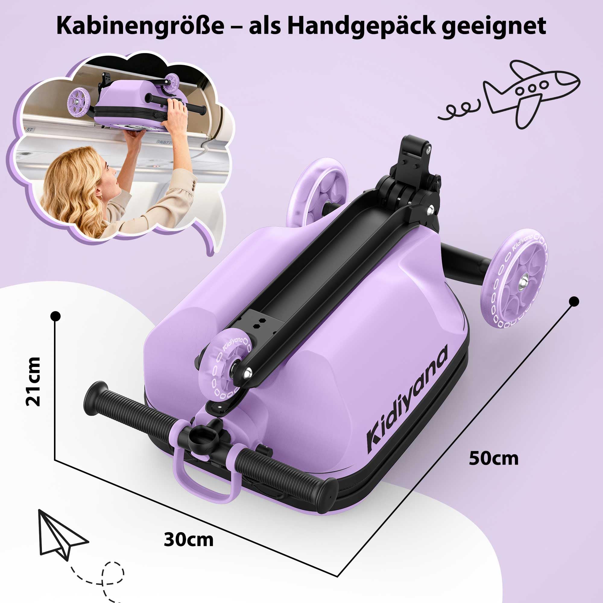 Kinder Scooter mit Koffer, Handgepäck Koffer mit Roller, LED-Rädern, Höhenverstellbarer Lenker, A5 Sichtfenster, 7cm Stauraumerweiterung, Kleinkind Geschenk für 2–8 Jahre, Bis 50kg, Lila