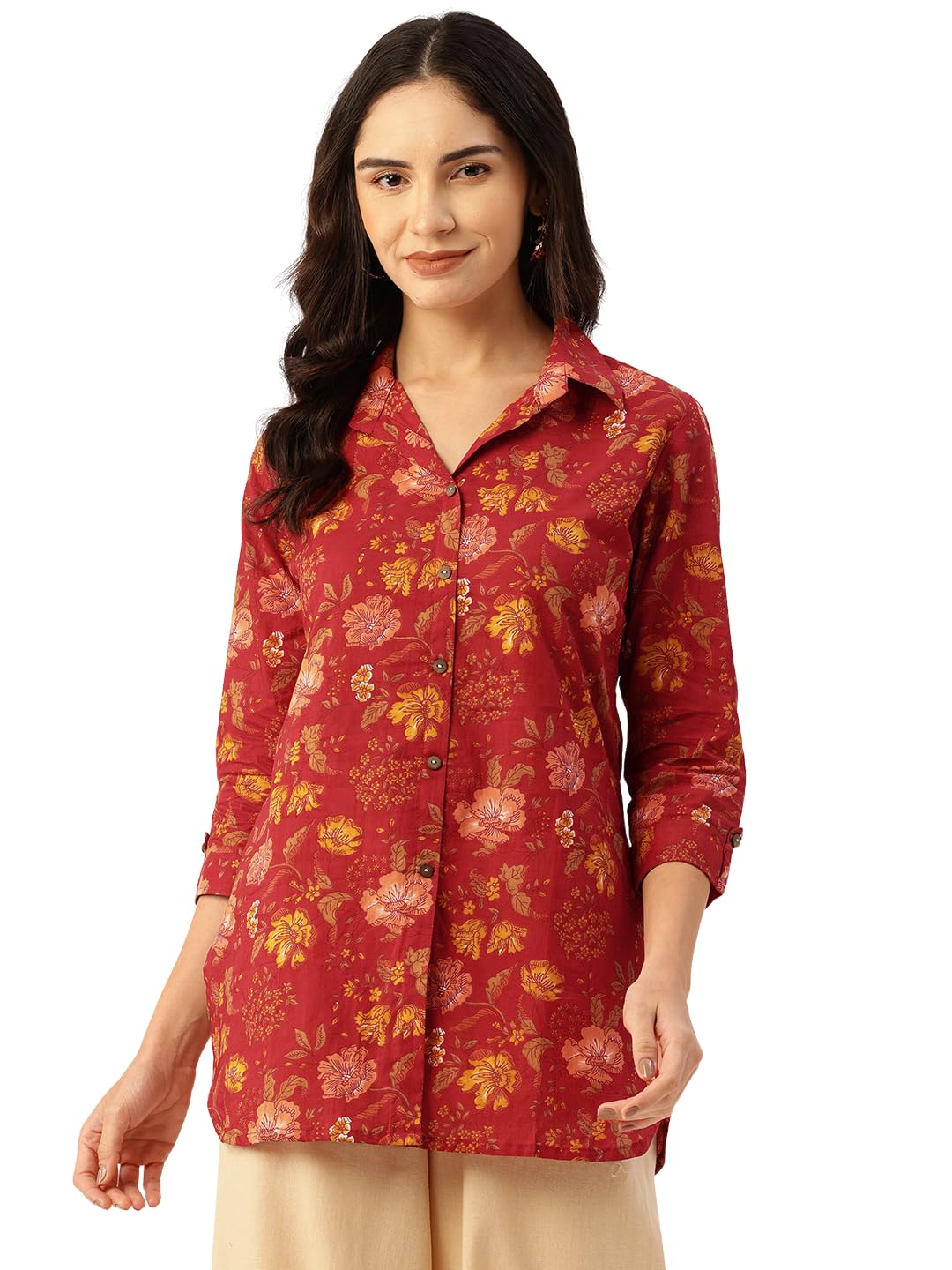 Classic Collared Cotton Shirt with 3/4 Sleeve for a Timeless Casual Look