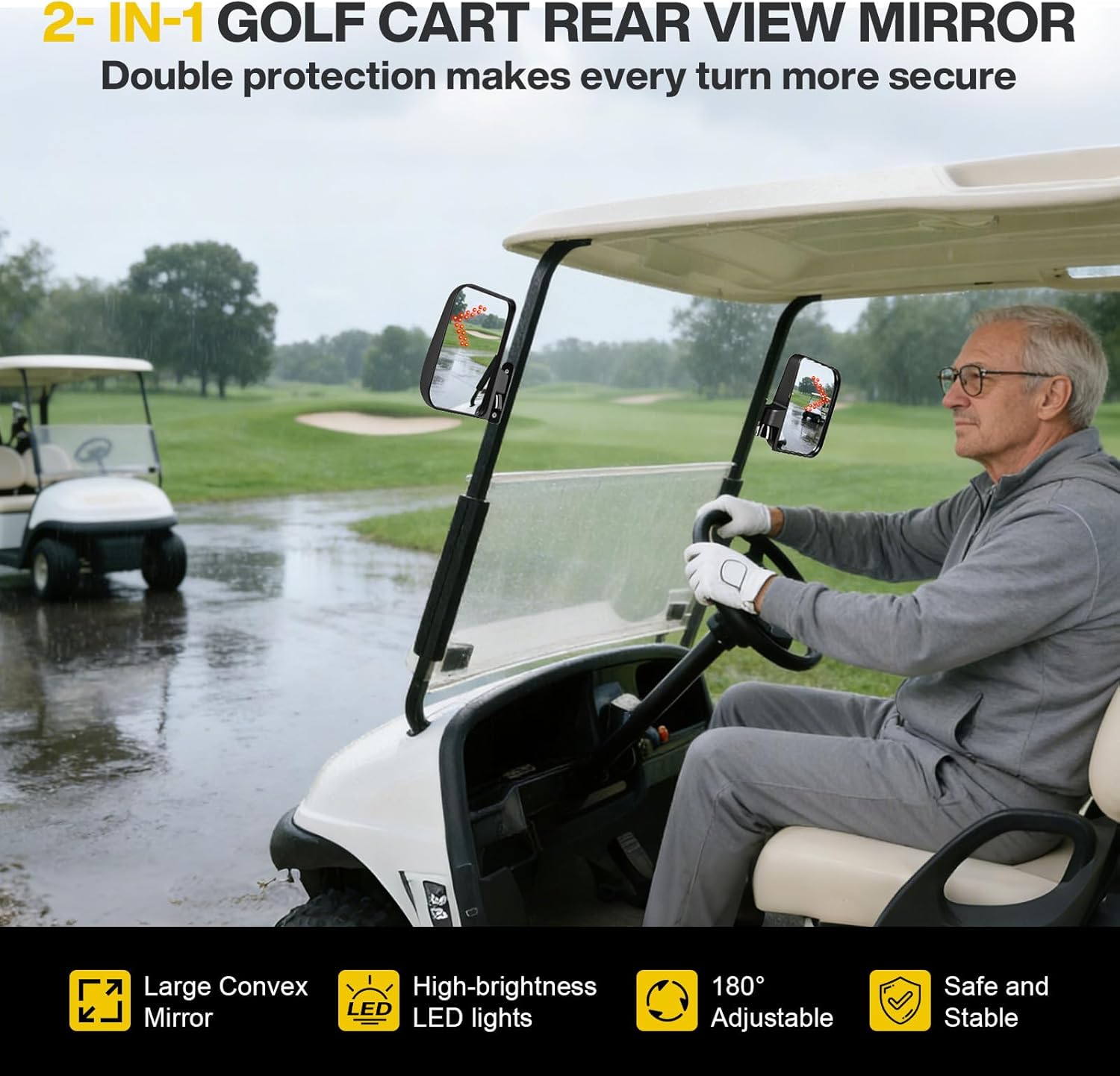 Golf Cart Rear View Mirrors, Square Tube Golf Cart Roof Bracket Side Mirrors with Turn Signal Lights, Folding Mirrors for Club Car EZGO Yamaha Kandi, Collision Protection, Street Legal