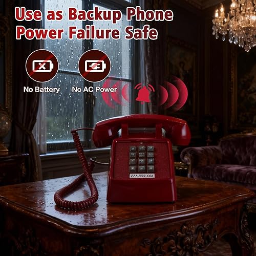 Miniatura 5 de Teléfono fijo rojo tradicional, teléfono vintage con campana mecánica, teléfono con cable con volumen ajustable, teléfono de escritorio analógico