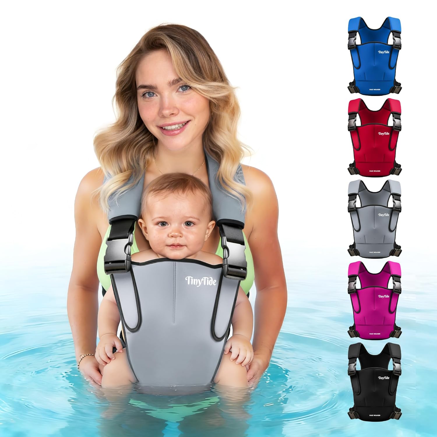 TinyTide Baby Carrier Grey - Ergonomic Neoprene Infant Carrier with M Seat - Water & All-Season Use - Adjustable Straps, Lightweight- 4-15kg, 2 Months to 2 Years