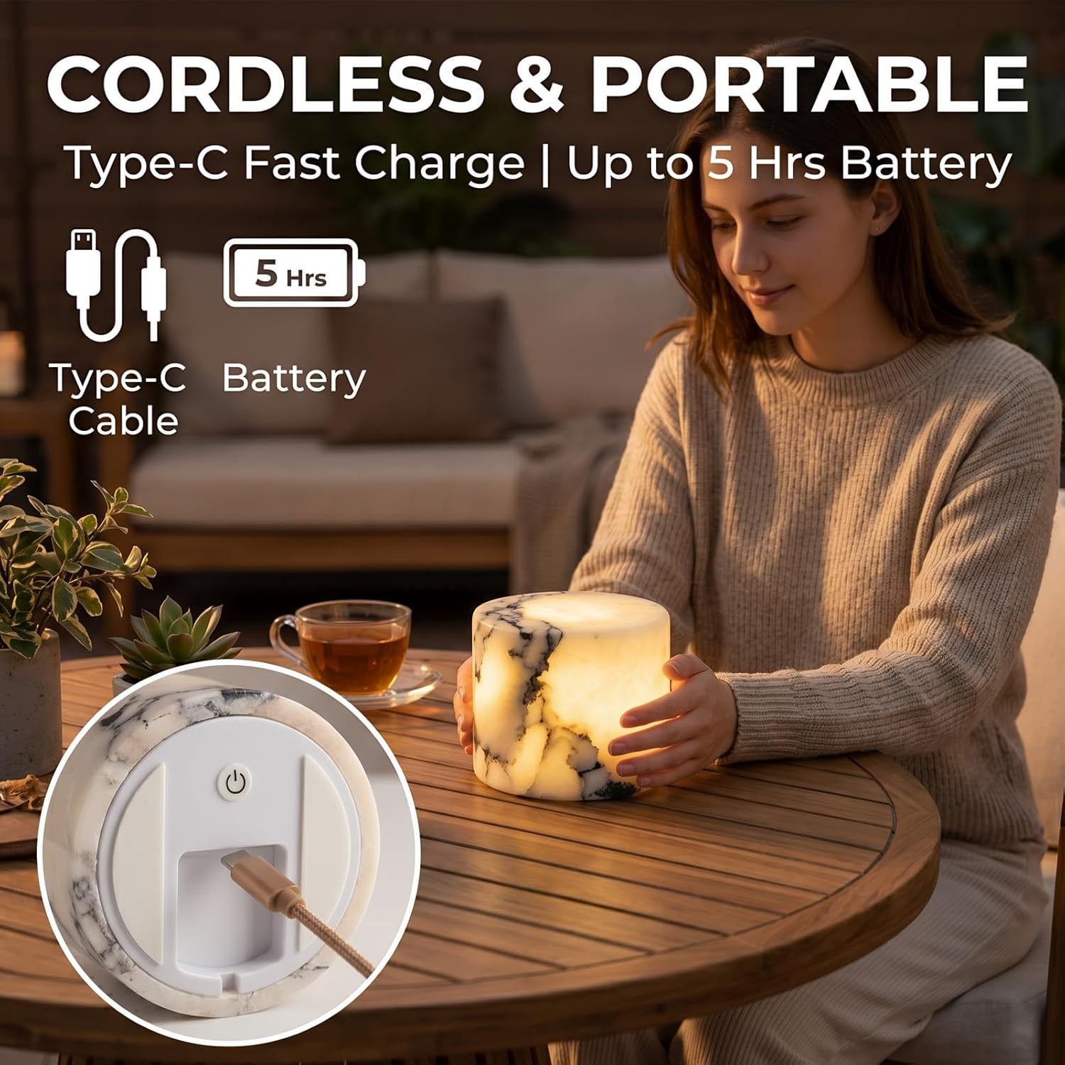 Touch Control Marble Night Light, Type-C Rechargeable Bedside Lamp with 5 Dynamic Color Modes, Accent Stone Light for Bedroom Desk & Gift (White 2)