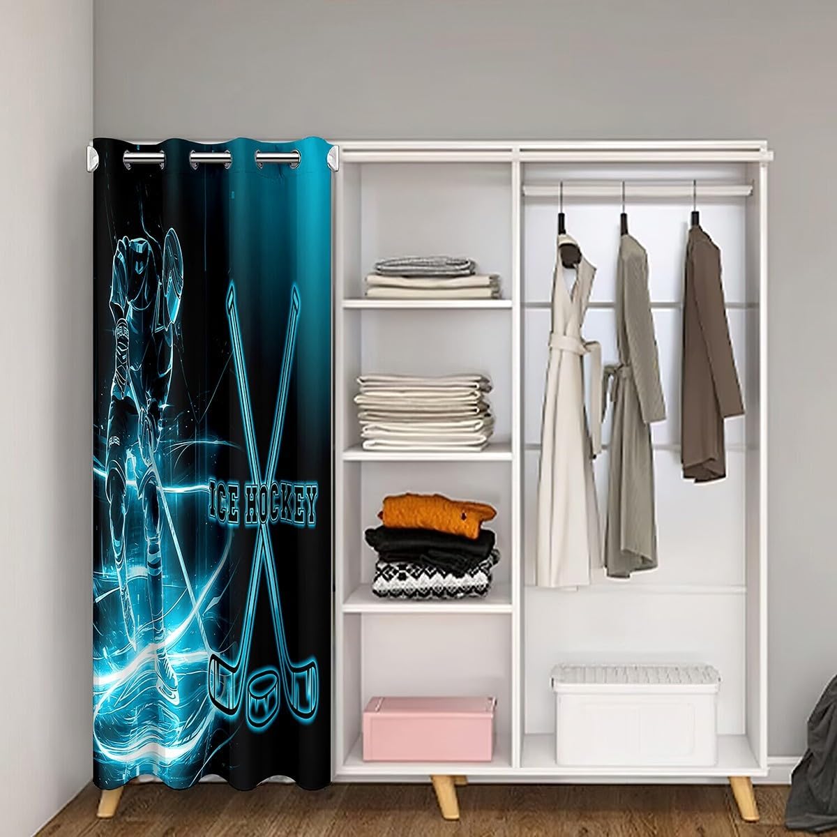 Feelyou Ice Hockey Door Curtain for Doorway Privacy 1 Panel, 52"x80" Hockey Player 30%-50% Blackout Insulated Thermal Curtain Puck Hockey Door Cover Curtain Sports Theme Window Treatments