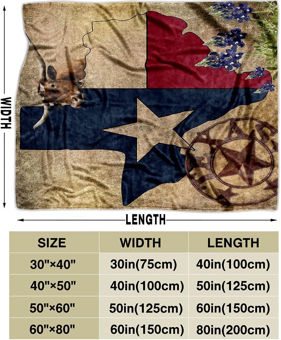LUVIVIHOME Western Throw Blanket, Texas Flag, Cattle & Bluebonnet Ranch Inspired, Cozy Soft Fuzzy Lightweight Flannel Fleece for Bed, Couch & Sofa, 60"x80"