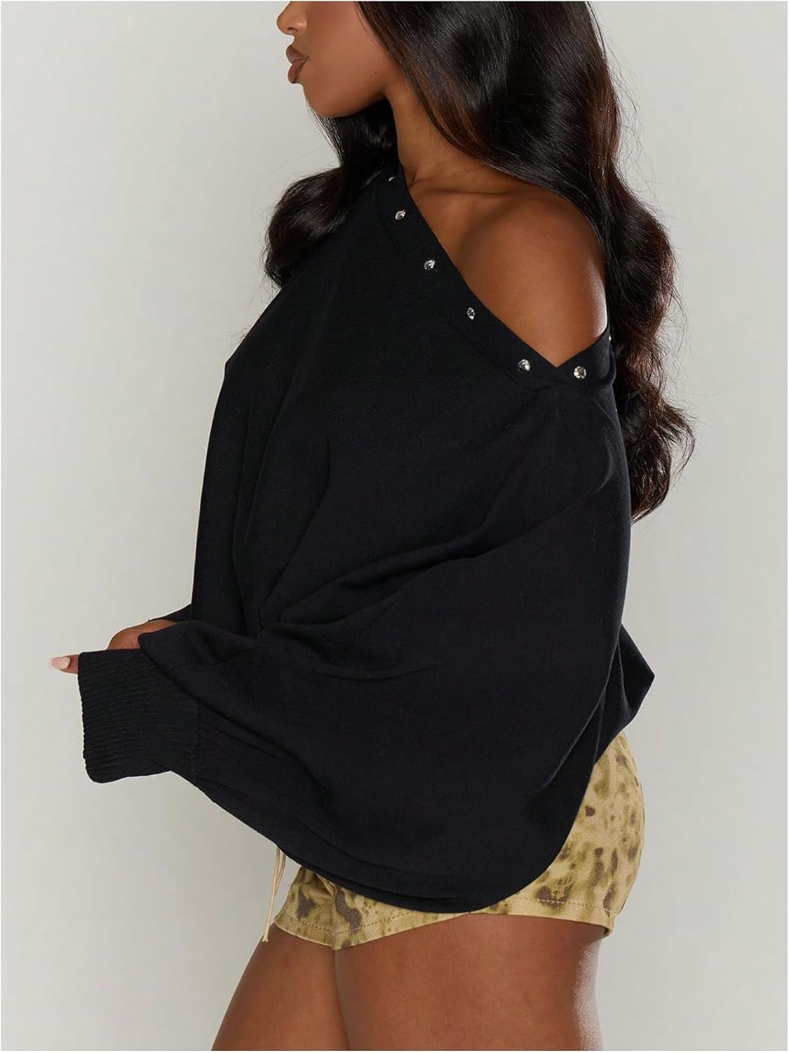 SOLY HUX Women's Off The Shoulder Y2K Sweaters Long Sleeve Jumpers Oversized Going Out Knit Tops