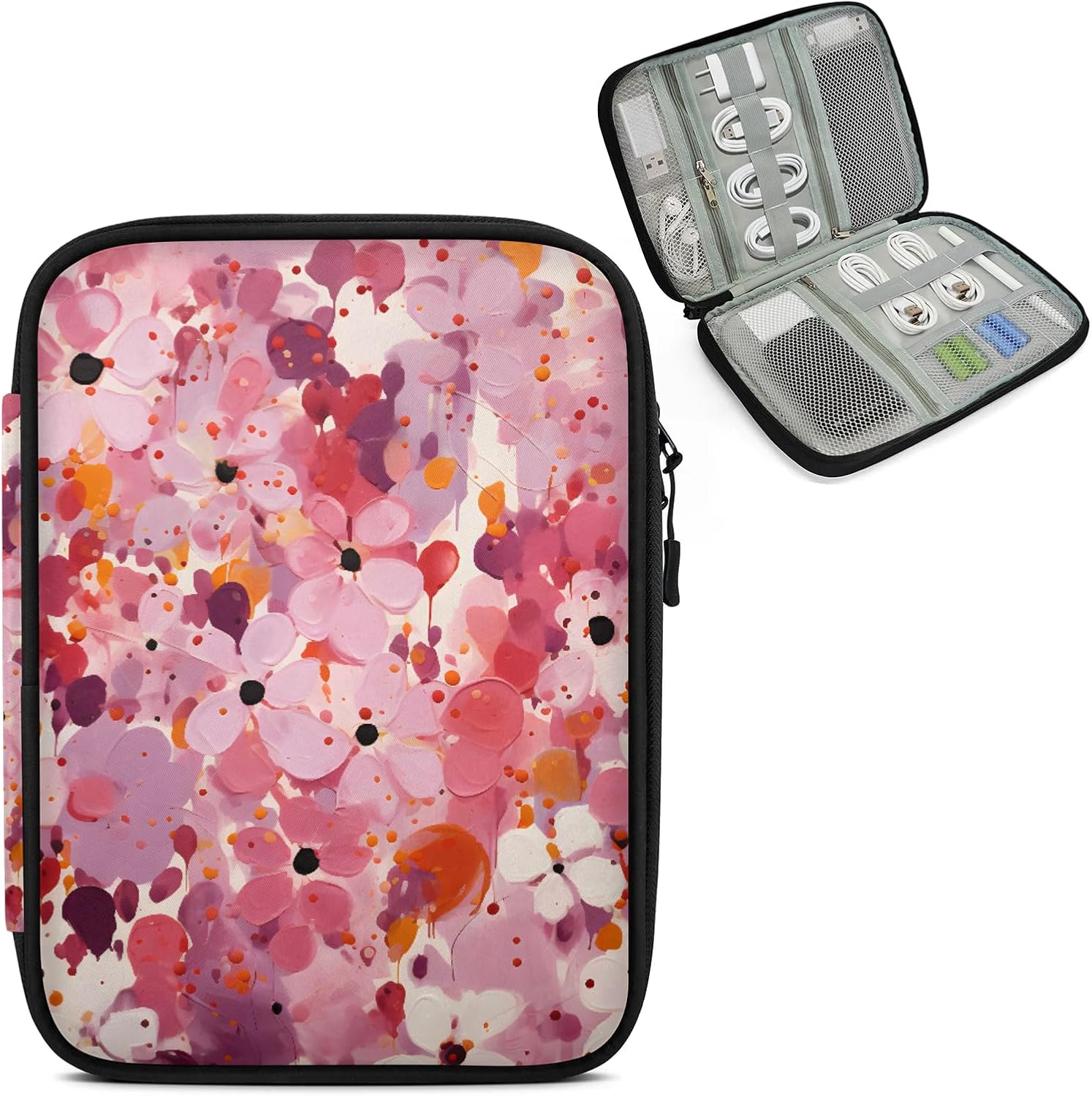 Geometric Flower Electronics Travel Organizer Case, Pinks Floral Tech Organizer Pouch Cord Storage Bag for Phone, Cable, Charger, Accessories