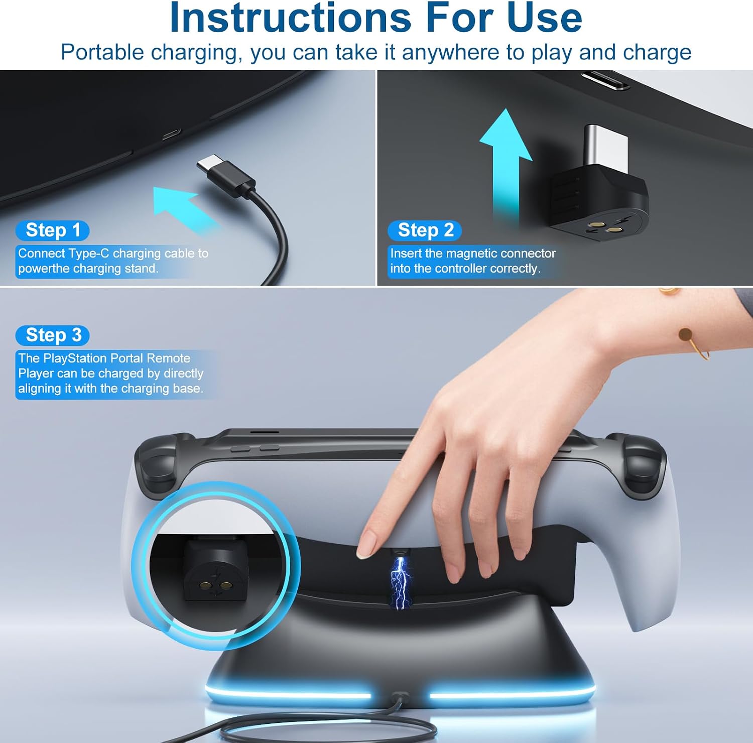 PS Portal Charging Dock Stand with Magnetic USB-C,Black | Playstation Portal Magnetic Charging Dock with 7 RGB Lighting Modes Stable Base for PS Portal Player(Not Compatible Case)