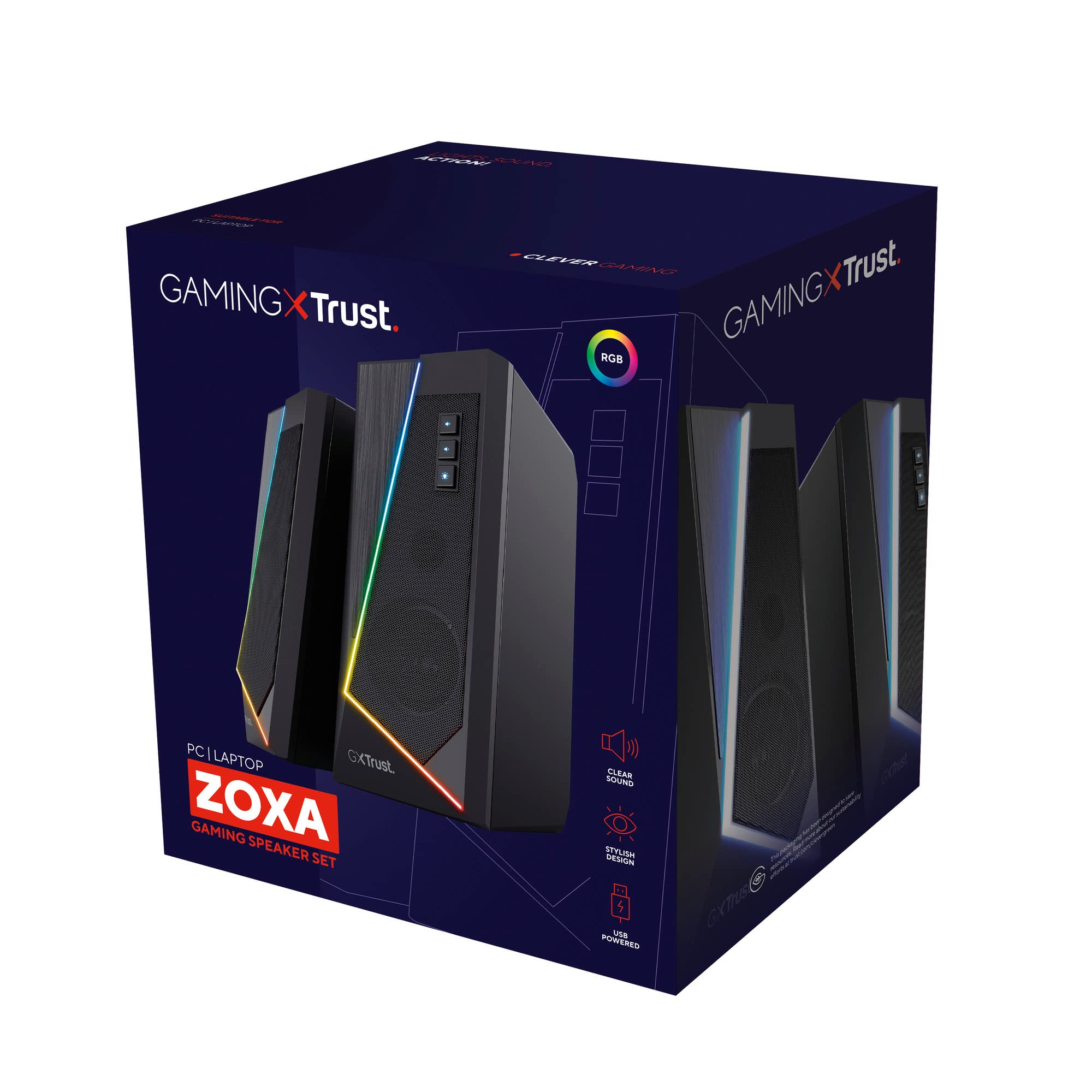 Trust Gaming GXT 609 Zoxa Système d'Enceintes, Haut-parleurs Gamer, 6 Modes d'Éclairage RGB, 12 W, Alimentation USB, Système Audio pour PC et Ordinateur Portable - Noir