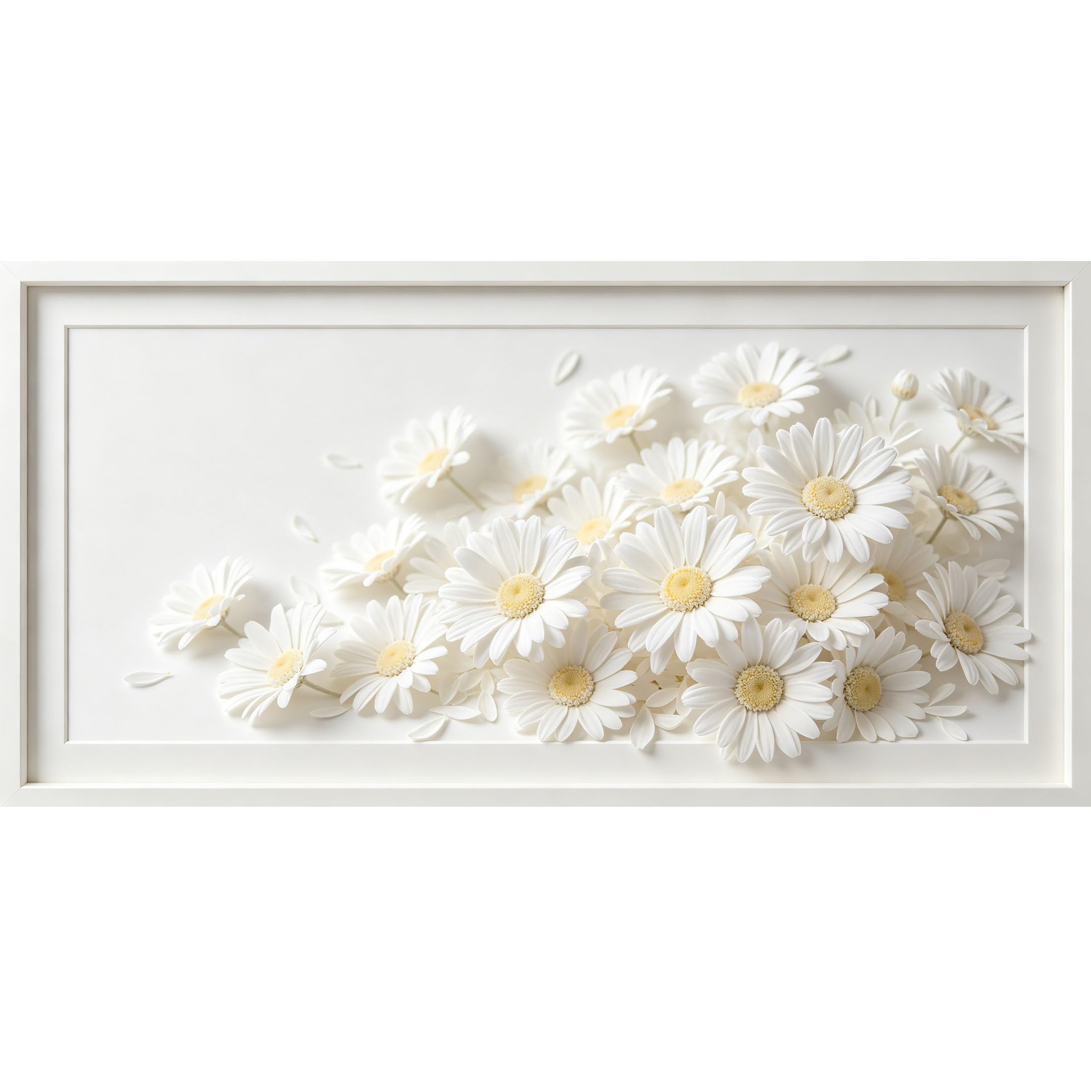 Agglomerix 3D Framed Wall Art White Daisy Floral Botanical Relief Effect Large Size Self-Adhesive Removable Wall Decor Prints Artwork for Living Room Bedroom Office