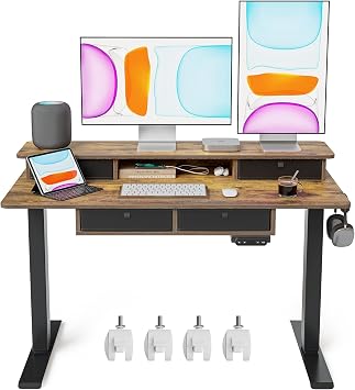 BANTI Height Adjustable Electric Standing Desk with 4 Drawers, 48 x 24 Inch Table with Storage Shelf, Sit Stand Desk, Rustic Brown Top