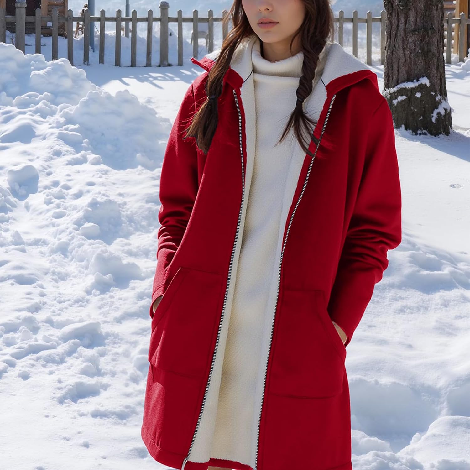 amropi Women's Sherpa Jacket Mid-Long Fleece Lined Hooded Sweatshirt Winter Warm Outerwear