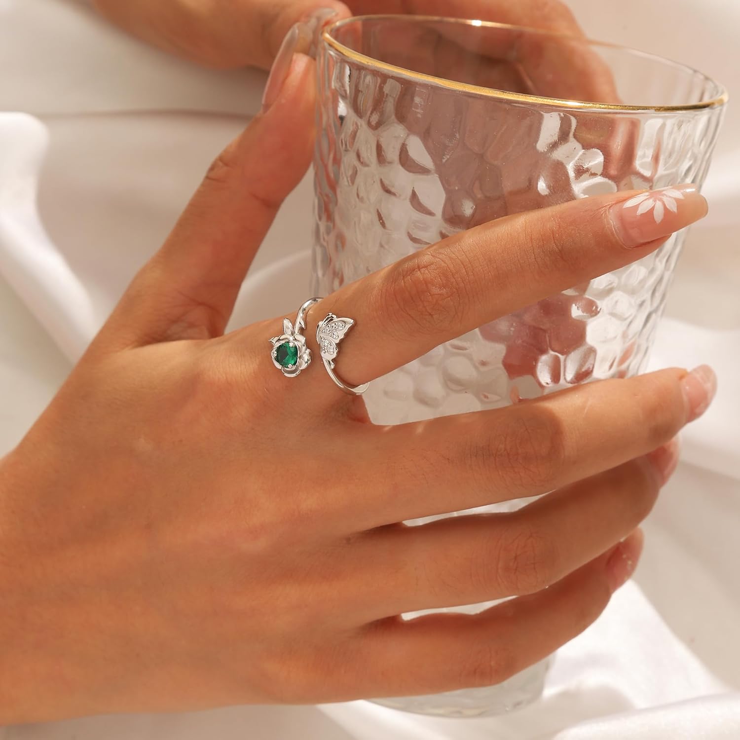 Jewmon Butterfly Rose Birthstone Ring for Women Valentines Day Gifts for Her 925 Sterling Silver Butterfly Birth Stone Ring Elegant Rose Promise Ring Birthstone Jewelry Gift for Girlfriend Wife - Image 3