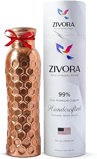 99.9% Pure Antique Copper Water Bottle for Drinking – Lab Certified Finish Copper Vessel Leak-Proof Handcrafet Ayurvedic Gift 34oz (Curve Diamond)