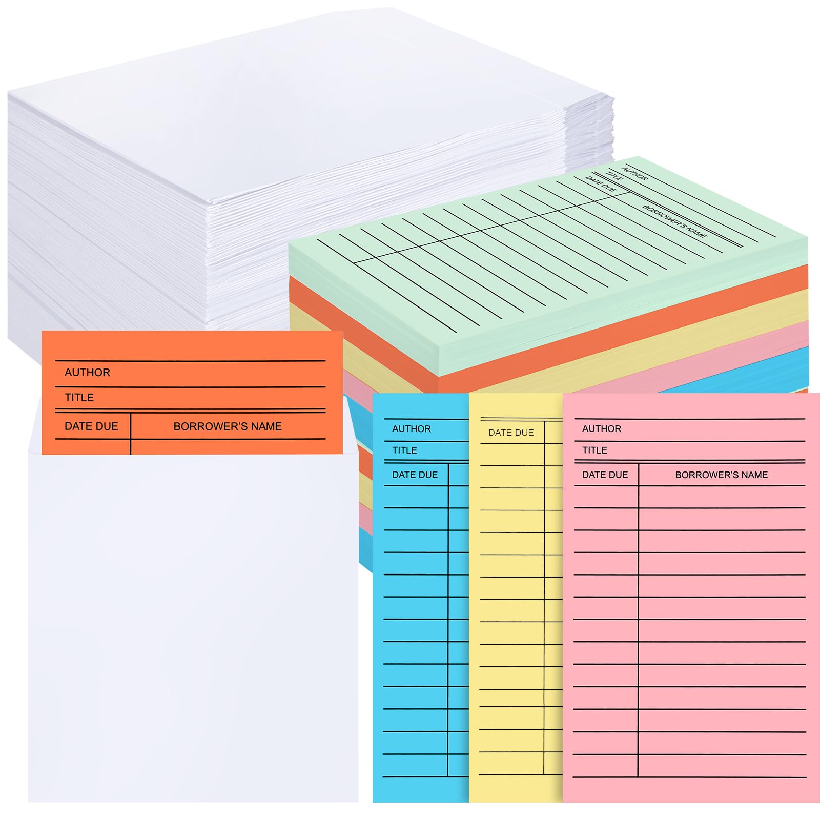Ireer 500 Pcs Library Card Pockets Book Pockets Self Adhesive Due Date Cards for Book Checkouts, Cds, DVDs, Classroom Supplies(Color Card, White