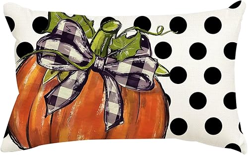 Fundas de almohada de otoño de 12 x 20 pulgadas, con diseño de lunares, calabaza, decoración de otoño, funda de cojín de fiesta de temporada para el