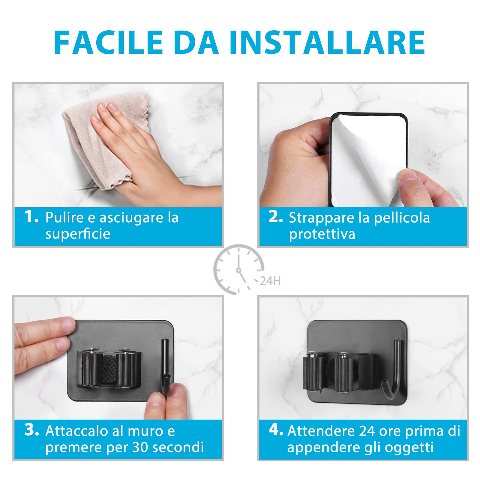HOMEASY Portascope da Muro Adesivo Appendibile 4 Pezzi, Acciaio Inossidabile per Cucina Bagno Giardino, Nero