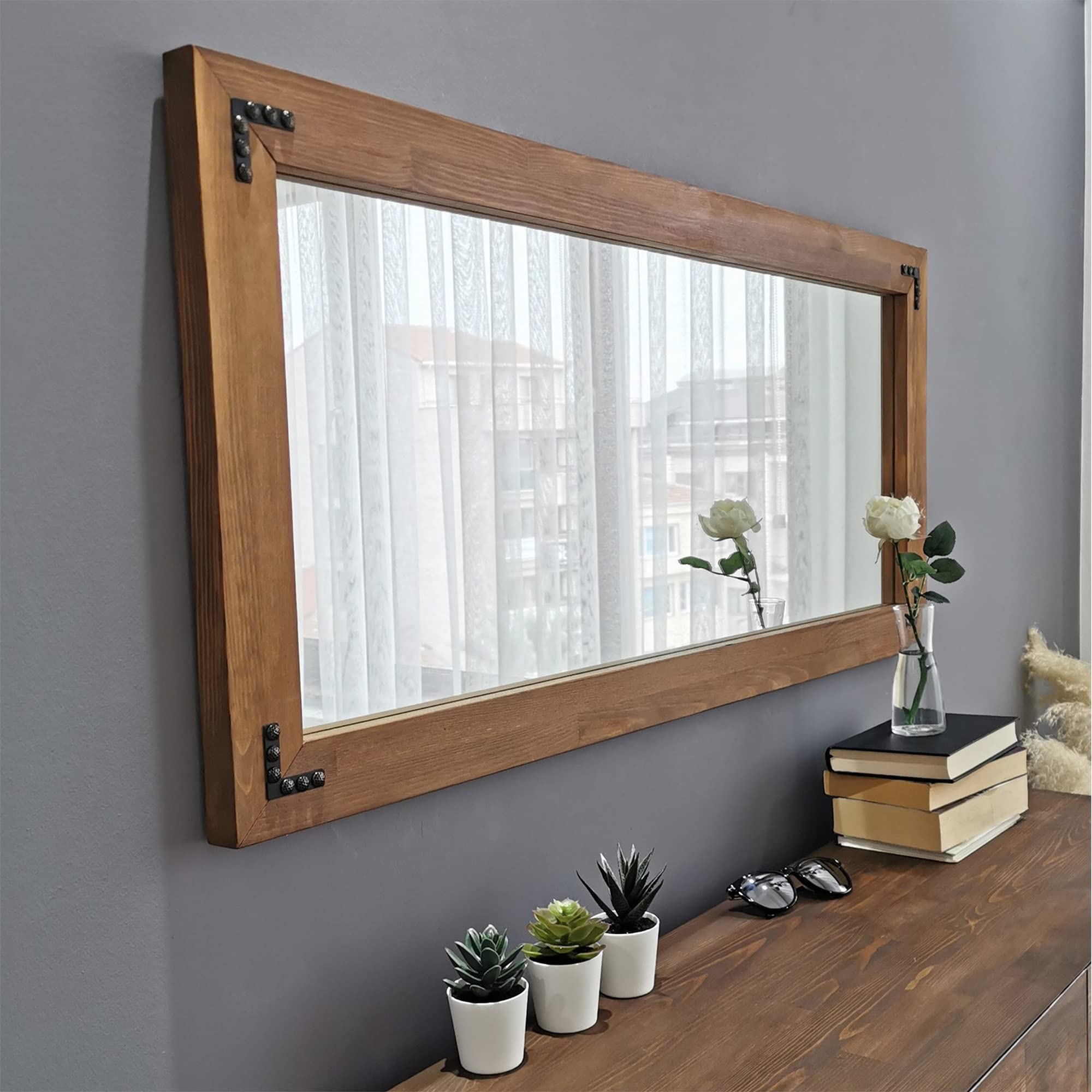 WELL HOME MOBILIARIO & DECORACIÓN Mirror, 100% Pine Solid Wood, Walnut