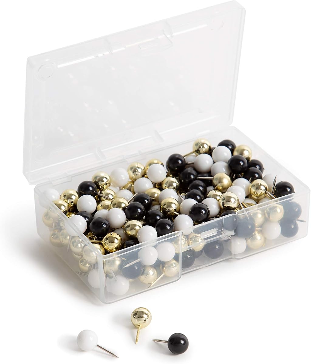 U Brands Alfileres esféricos, 200 unidades, negro, blanco y dorado, para tablero de corcho