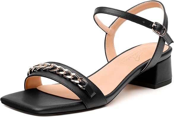 Womens Leather Insole Sandals, Square Open Toe Block Heel Ankle Strap Sandals for Women, Comfort Daily Sandals Buckled Metal Chains