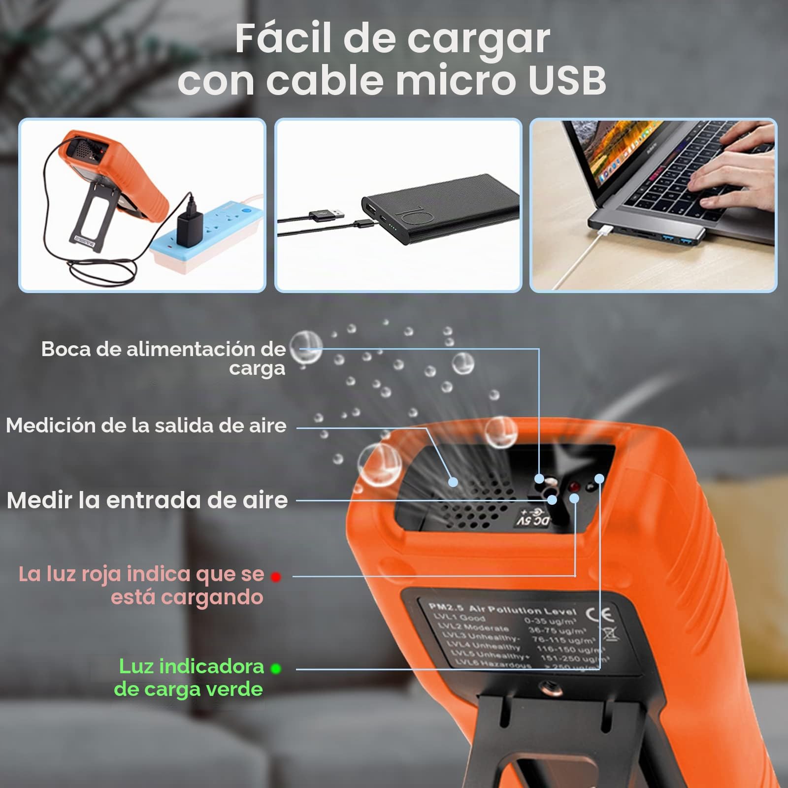 medidor Calidad Aire Interior 3-in-1,GR-5800S Detector HCHO/TVOC con Contador de partículas PM2.5,Detector de Gas de Aire Multifuncional con Pantalla de LCD Grande (Naranja)