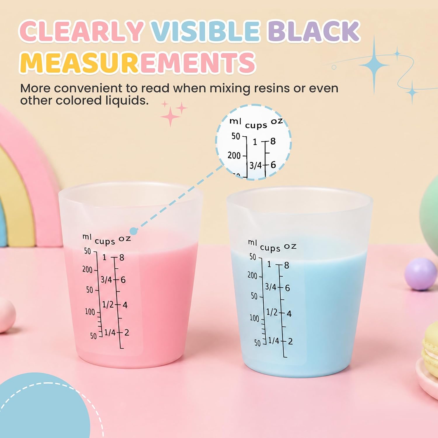 4Pcs Silicone Resin Mixing Measuring Cups 250ml / 8oz for Resin Supplies, Easy-to-Read Black Marks, Non-Stick Reusable Silicone Pouring Cups for Epoxy Mixing