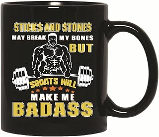 Gift for Gym Fitness Fans Workout Motivating Sticks and Stones 11oz 15oz Black Coffee Mug