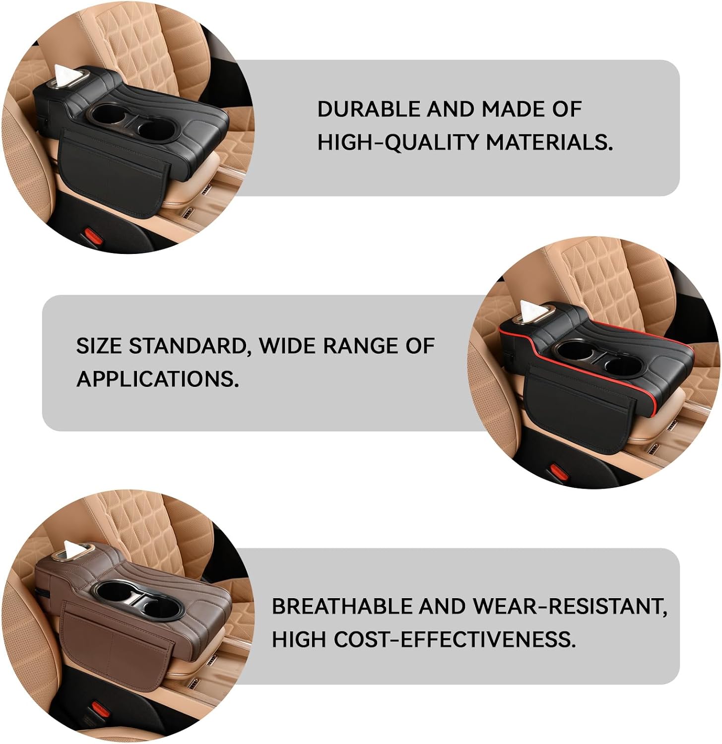 Car Armrest Cover, Embroidered Leather Car Armrest Cushion 4-in-1 Center Console Organizer with Dual Cup Holders, Tissue Box, 2 Side Storage Pockets & Card Slot, Universal for Most Cars (Black)