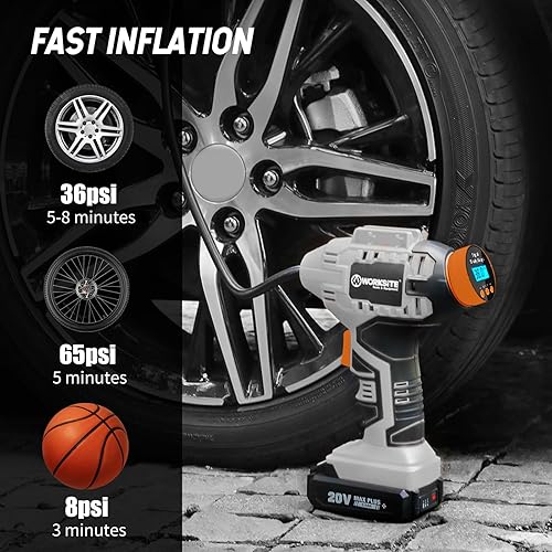 Miniatura 7 de WORKSITE Compresor de aire inalámbrico para inflador de neumáticos, bomba de aire portátil de mano, bomba de neumáticos de automóvil a batería con