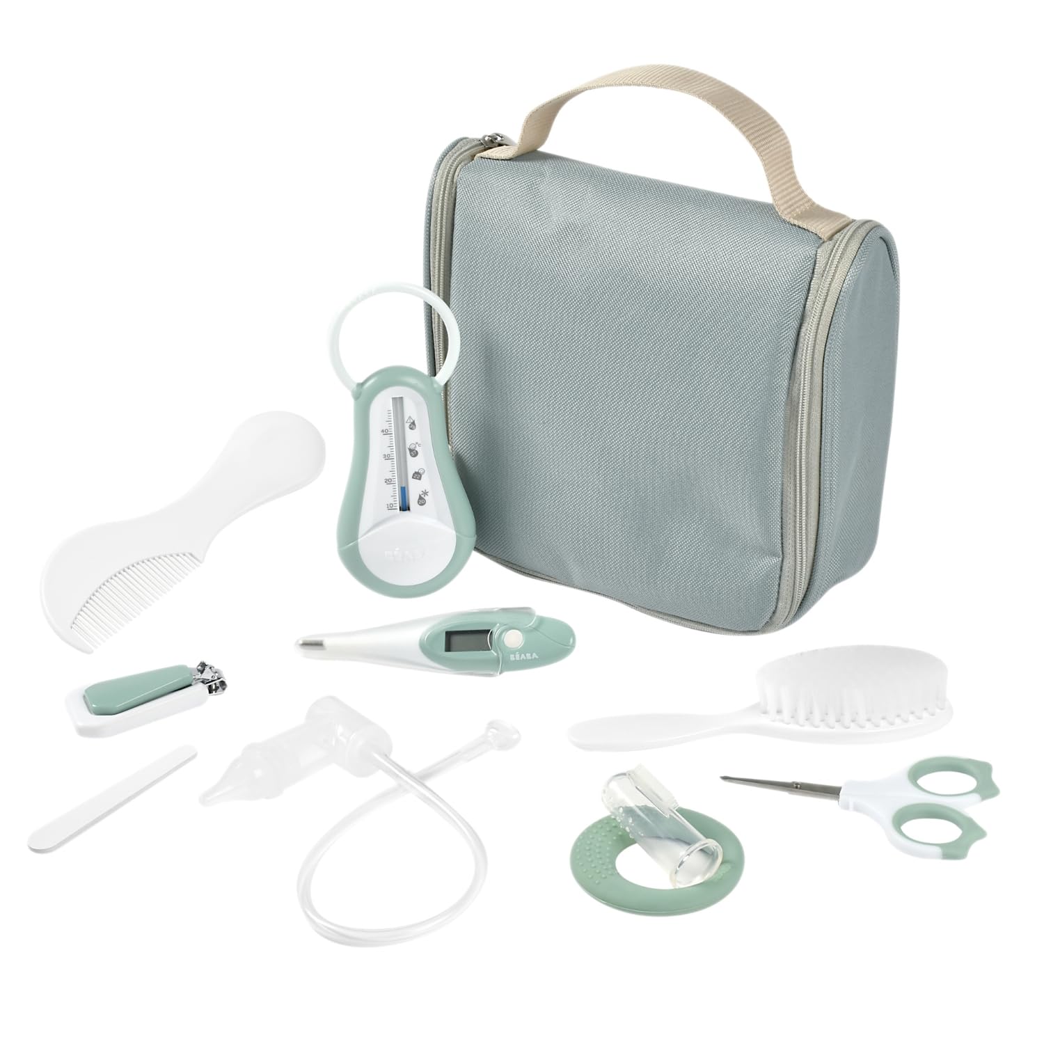 BÉABA Baby Travel Toiletries Bag – 10 Care Accessories from Birth – Rotating Hook, Compact Size, Double Zip – Thermometers, Nail Clippers, Brush – Sage Green