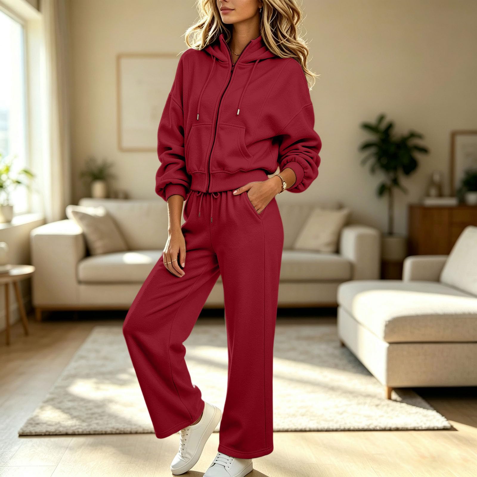 Tuta da donna, set completo casual con cappuccio e jogger, 2 pezzi, con cerniera, felpa con cappuccio a vita alta, pantaloni della tuta per palestra, allenamento, loungewear con tasche