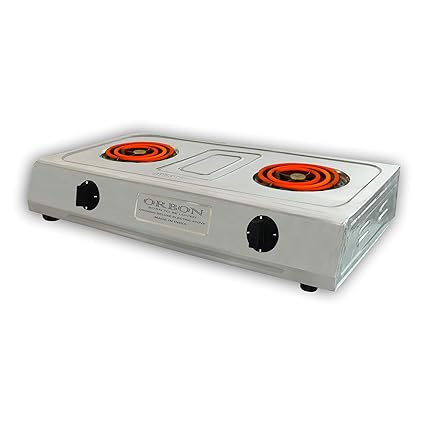 ORBON Double Heavy Duty Stainless Steel Radiant Induction Electric Coil G Coil Hot Plate Cooking Stove Cooktop Works with All Cookwares (Silver , 1000 Watt + 1000 Watts)