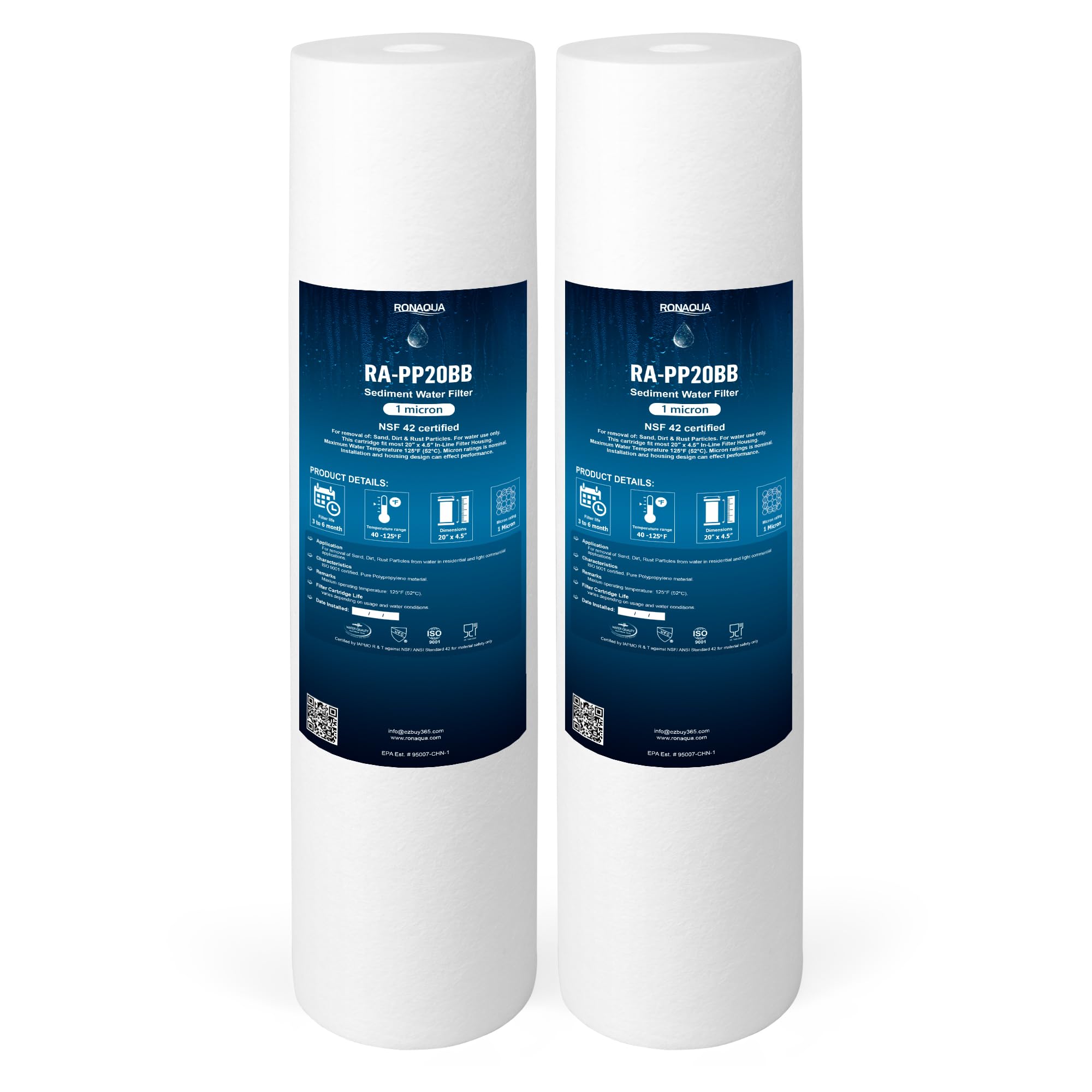 Ronaqua 20" x 4.5" Big Sediment Replacement Water Filter Cartridge, 1 Micron, NSF Certified, for Whole House, Compatible with 155358-43, 2PP20BB1M, AP810-2, FPMB-BB5-20, P5-20BB, SDC-45-2005, 2 Pack-image-48
