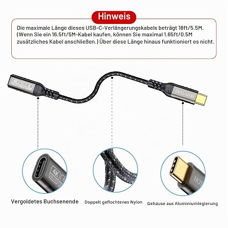 20Gbps USB-C Extension 5 m Type-C Male to Female Extender Cable Ultra HD 4K @ 60Hz 100W Charging 20Gbps Data Transfer