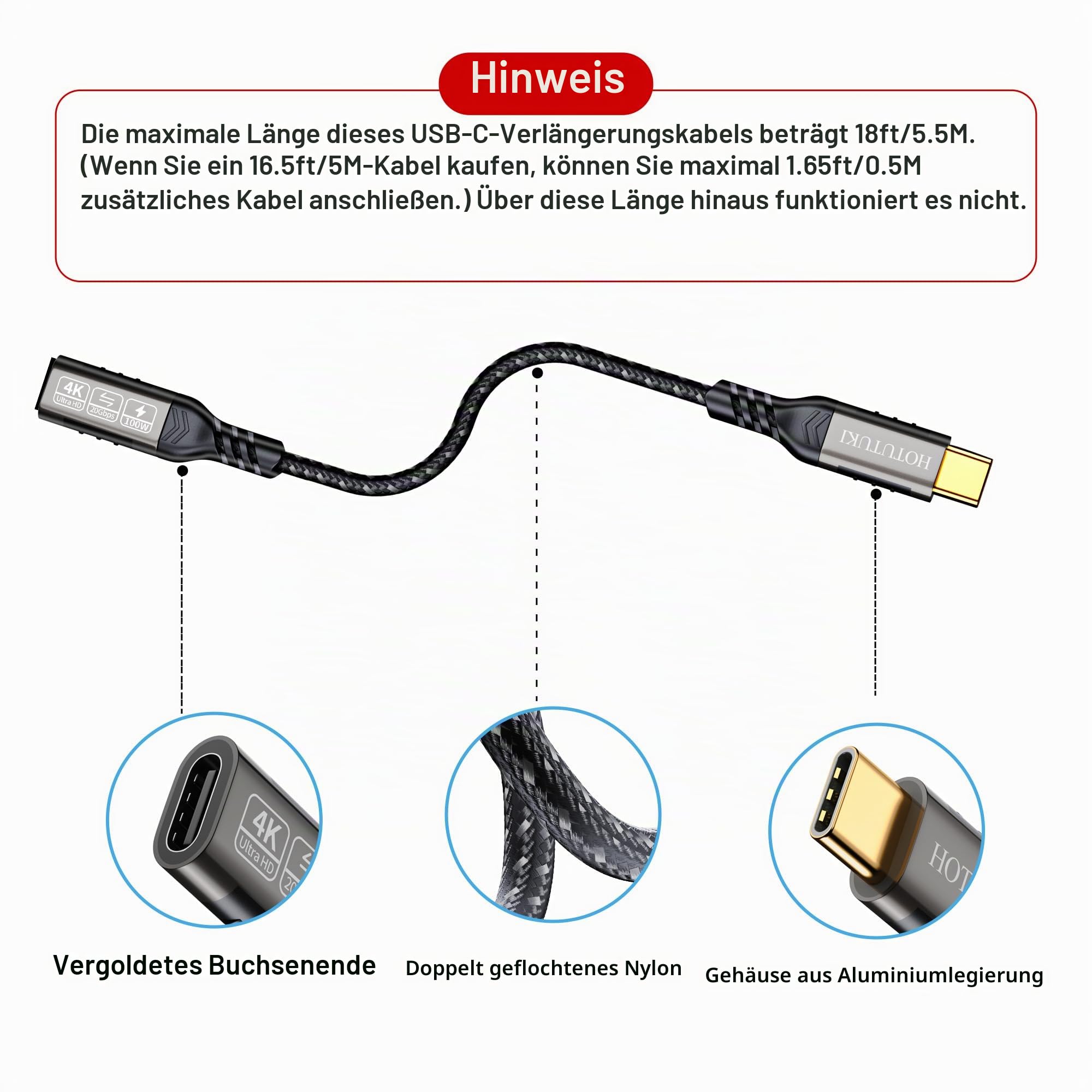 20Gbps USB-C Verlängerung 5m, Typ-C Stecker zu Buchse Extender Kabel, Ultra HD 4K@60Hz, 100W Laden, 20Gbps Datenübertragung